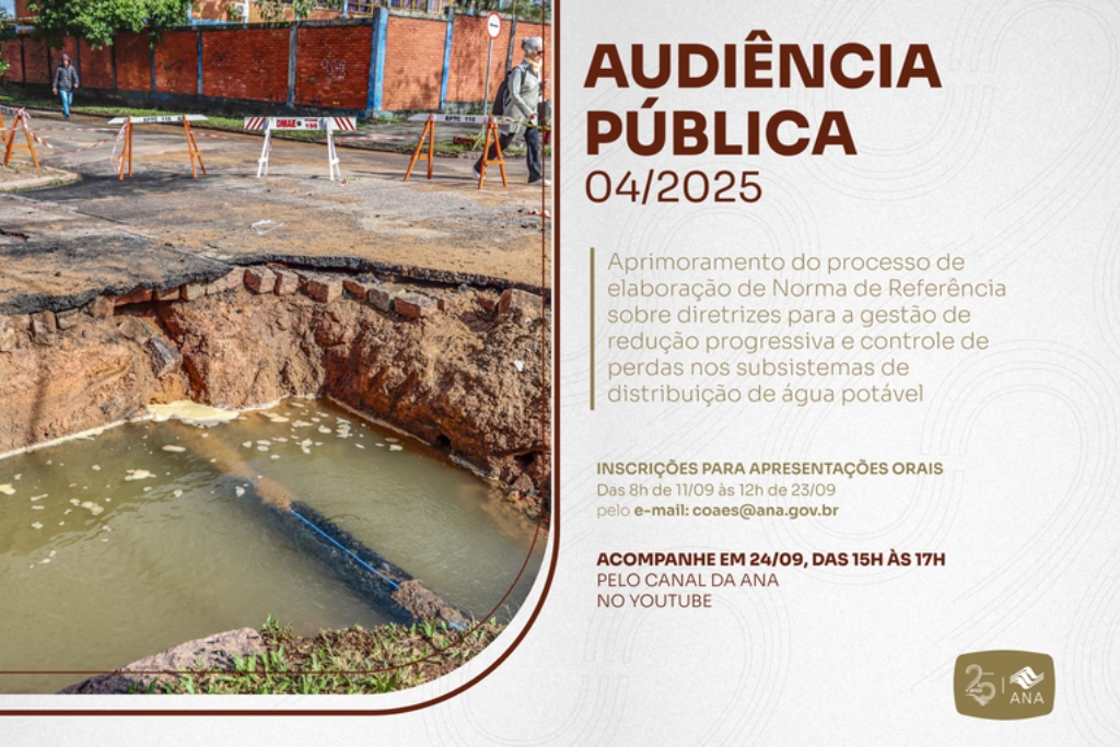 Leia mais sobre o artigo Audiência Pública sobre NR de diretrizes para gestão e controle de perdas nos subsistemas de distribuição de água recebe inscrições até terça (23)